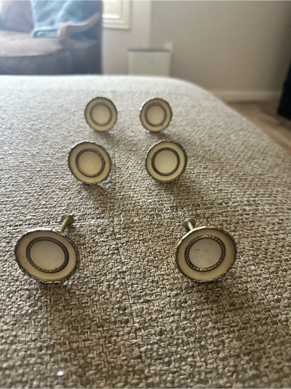 Vintage-Inspired Round White and Gold Drawer Pulls - Set of 6